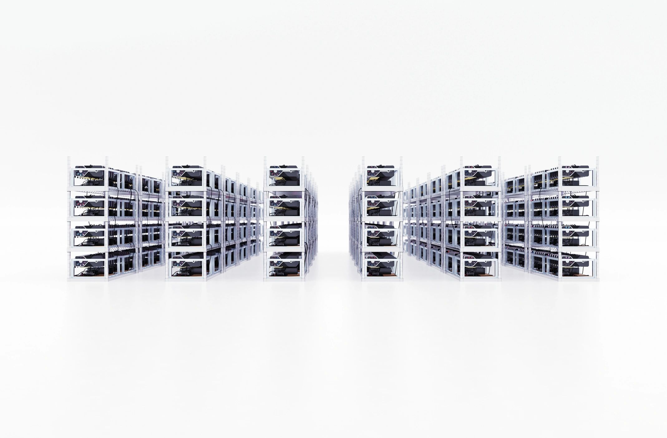 Large-scale cryptocurrency mining facility with equipment racks