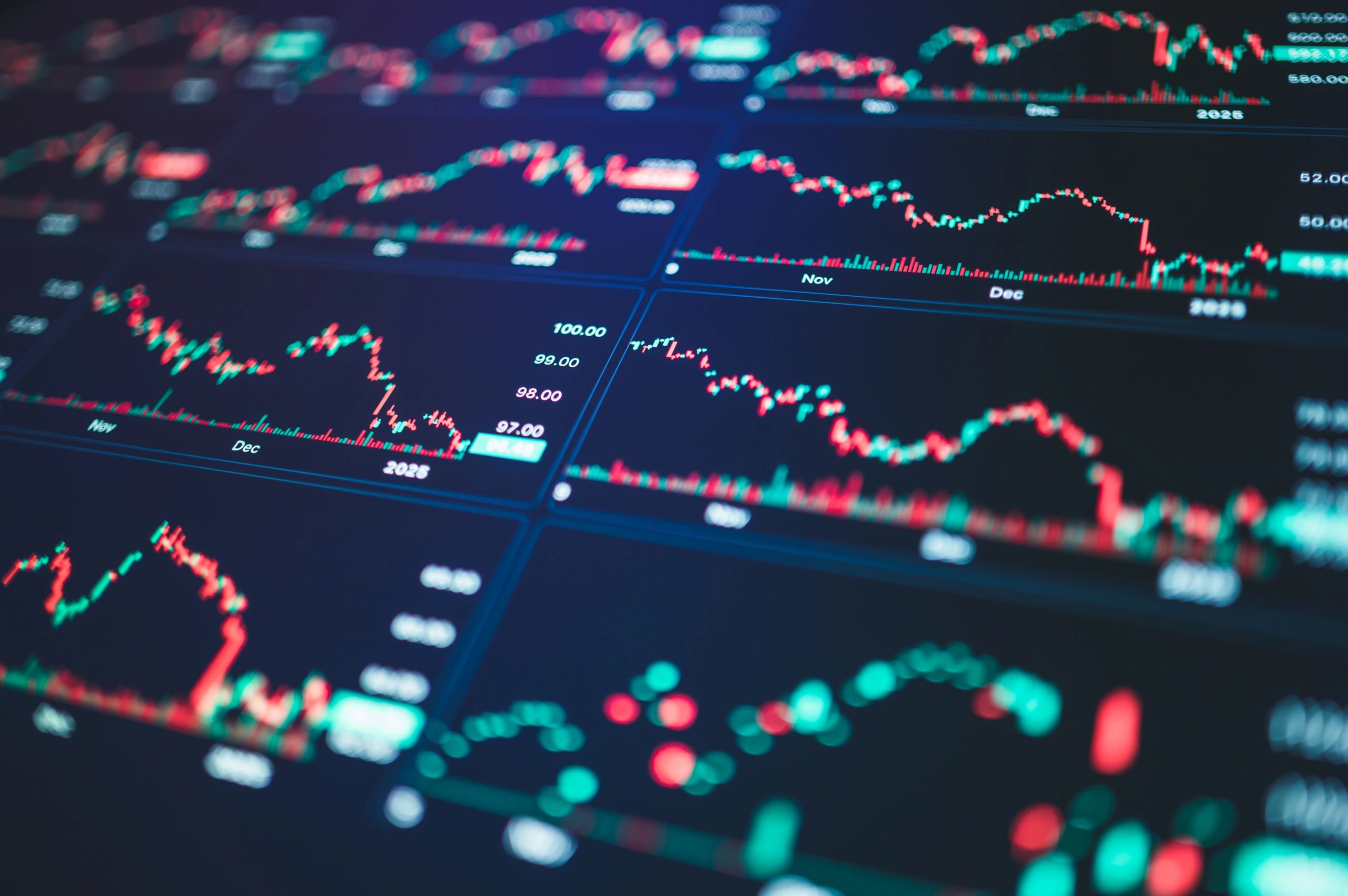 Digital market charts and data on a large screen